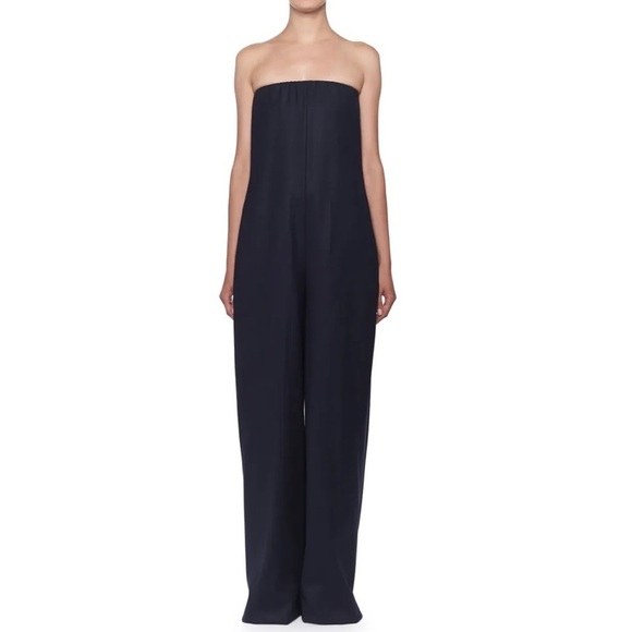 The Row Liu Bi-Stretch Virgin Double Wool Strapless Wide Leg Navy Blue Jumpsuit - Picture 2 of 7